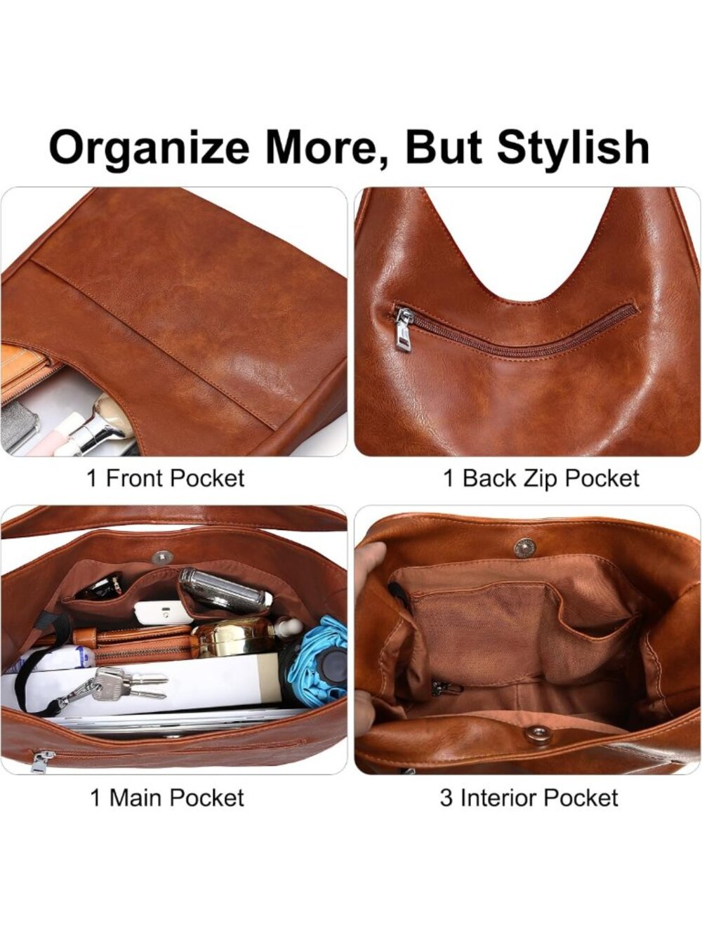 Stylish Leather Hobo Bag for Women | Soft Slouchy Tote, Fits 11" Tablet, Key - Picture 4 of 7